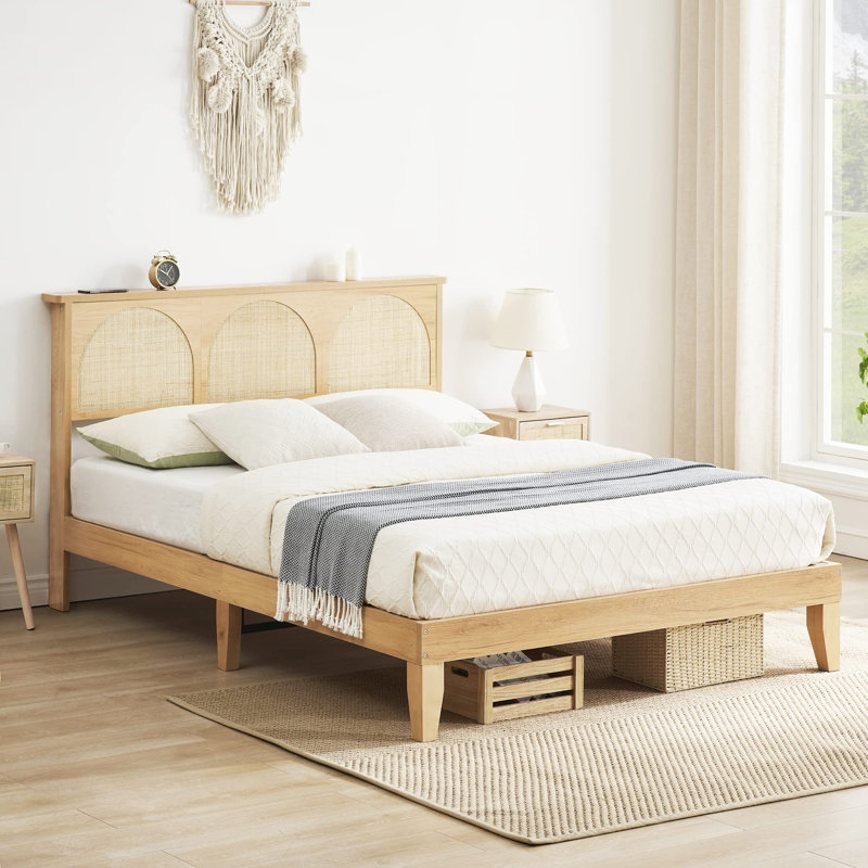 Bay Isle Home Batai Deluxe Solid Wood Bed Frame with LED Lights Curved Rattan Headboard Wooden Support Legs Reviews Wayfair Canada